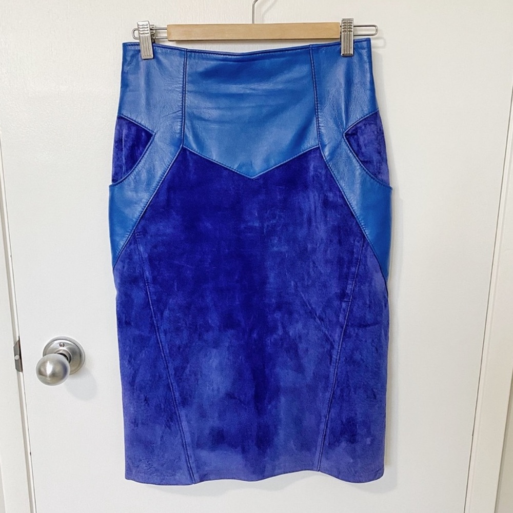 Vintage Suede Leather High Waist Pencil Mini Skirt Cobalt Blue size Small